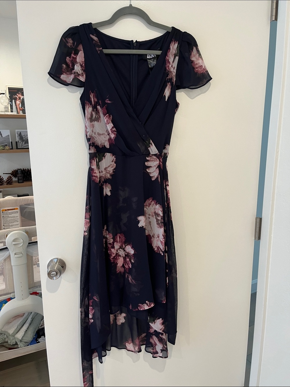 DKNY Navy Floral High-Low Wrap Dress with Pink Blooms